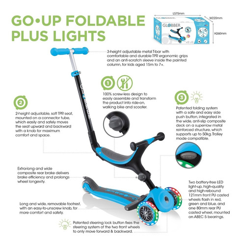 Imagen 6 de 10 de Globber Monopatin De 3 Ruedas Primo Plegable Con Luces