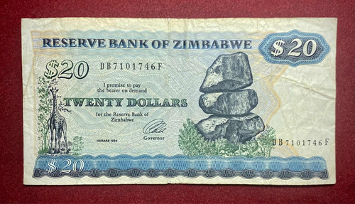 Billete 20 Dólares Zimbabue 1994 Pick 4 D Elefante