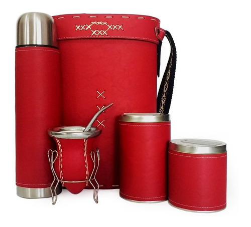 Imagen 1 de 7 de Equipo De Mate Ceramica Completo Liso Rojo Set Kit Matero