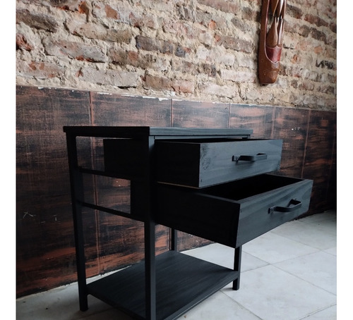 Imagen 2 de 7 de Mesa De Luz Hierro Madera Industrial 50x35x60 Black Moderna