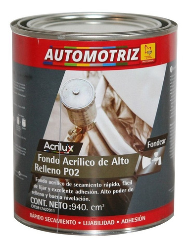 Fondo Acrilico De Alto Relleno P02 Vp Automotriz 1/4 Galon