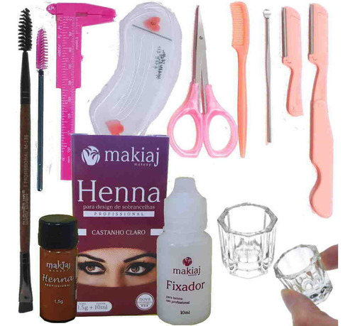 Kit Sobrancelha Henna Makiaj 13 Itens Paq Navalha Pincel Dap Cor Castanho Claro