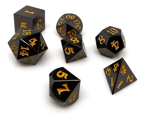 Gun Metal Juego De Dados De 7 Piezas - Signature Font - Oro