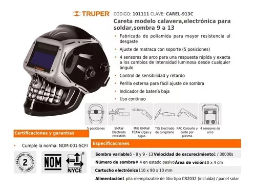 Careta modelo calavera electrónica para soldar sombra 9 a 13