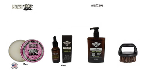 Kit Aceite Barba, Cera Reuzel Pink, Cepillo Shampoo Barberia