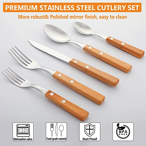 40 Piezas Mango De Madera Cubiertos De Plata Conjunto Mango