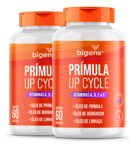 2x Prímula Up Cycle: Vitamina A, D, E, K + Óleo De Prímula, Borragem E Linhaça | 60 Cápsulas Softgel | Bigens