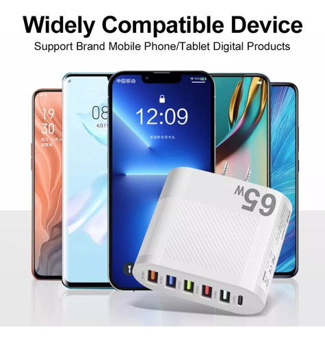 Cargador Usb 65 W Carga Rápida 5 Usb A + 1 Usb C