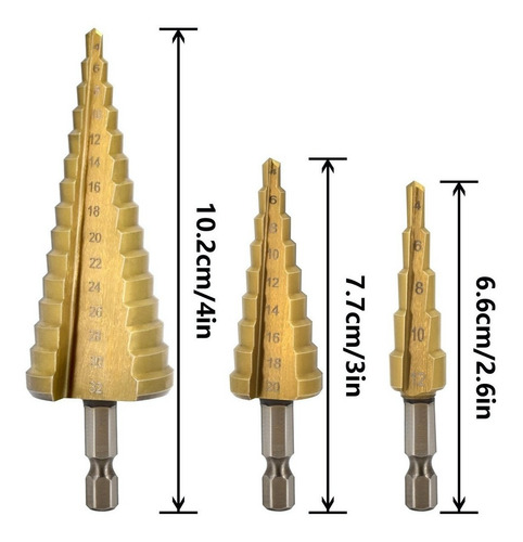 Imagen 3 de 4 de Set 3 Broca Pino Conica Escalonada 4 A 32 Mm Paso A Paso