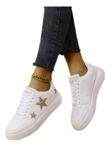 Zapatos Blancos Fashion Shoes Con Estrella Dorada
