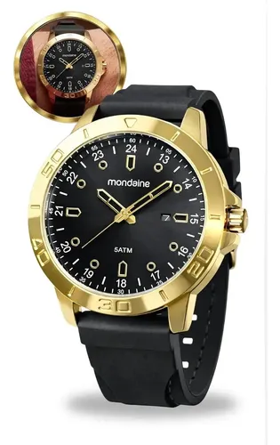 Relógio De Pulso Mondaine Com Corria De Silicone Cor Preto - Bisel Dourado