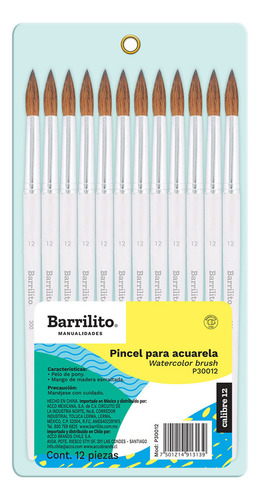 Pinceles Para Acuarela Barrilito Calibre 12, Pelo Pony- 12pz Cerdas Marrón claro