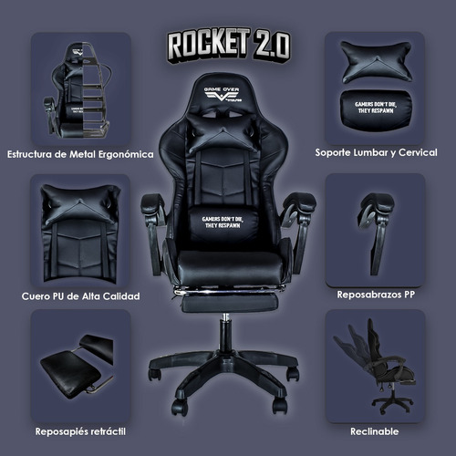 Imagen 3 de 6 de Silla Gamer Reclinable Ergonomica Ajustable Reposa Pies