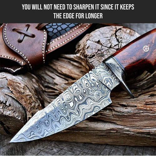 Cuchillo De Caza Damasco 10 Pulgadas Con Funda De Cuero