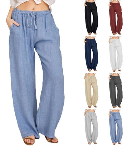Pantalones De Mujer Algodón Lino Cordón Elástico Cintura