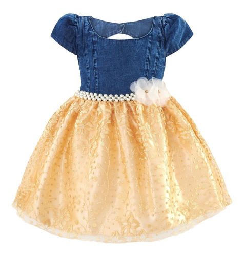 Vestido Infantil Jeans Com Saia Renda Dourada Luxo Festa