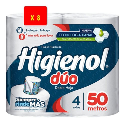 Papel Higiénico Higienol Duo 50 M X 4 Rollos X 8 Paq. Bolsón