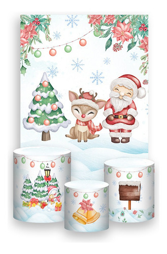 Painel Festa 1,5x2,2 + Trio Capa Cilindro Papai Noel Neve 31 Cor Colorido