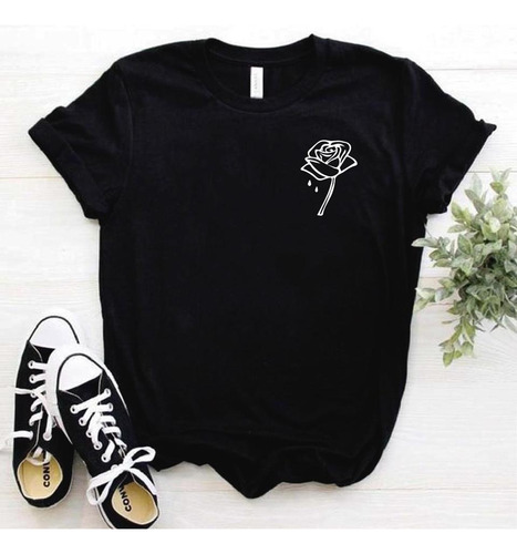 Camiseta Negra, Algodón, Suave Y Fresca Flor Bolsillo