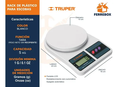 Báscula Digital Base Plástica Para Cocina 5kg Truper 15161