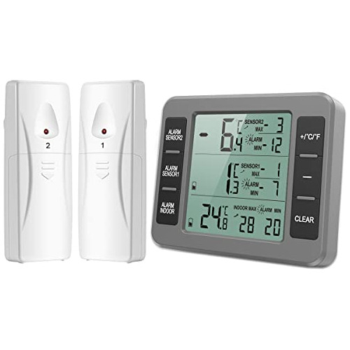 Upgraded Refrigerator Thermometer, Wireless Indoor Outd...
