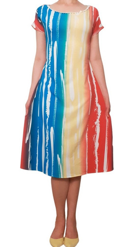 Imagem 1 de 3 de Vestido Midi  Evangelico Tie Dye Cintura Elastex Fresco Moda