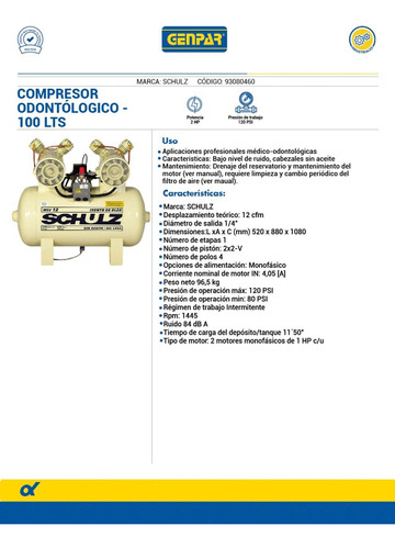 Compresor Odontológico 2hp 110v 100lts 120psi Schulz 