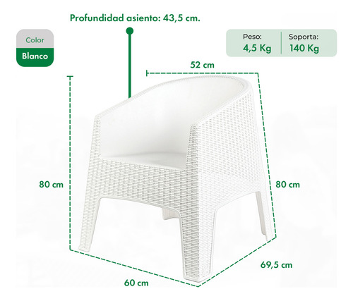 Sillón Ibiza Gardenlife De Ratan Sintético Apilable Exterior Set X4 Color Blanco