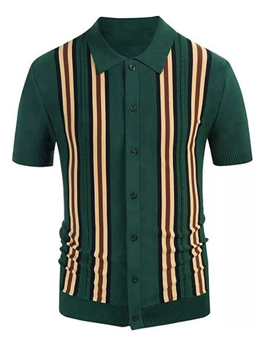 Polo De Casa Vintage Striped Button Down Mesh De Hombre