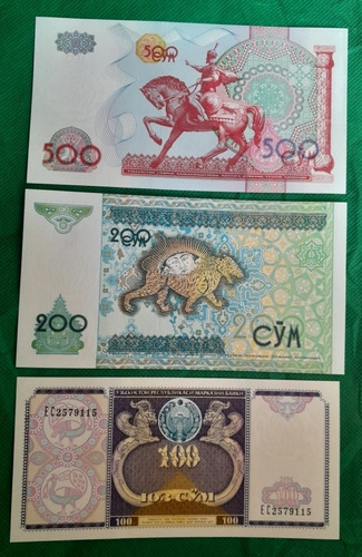3 Billetes De 100, 200 Y 500 Som, Pais Uzbekistan, Unc