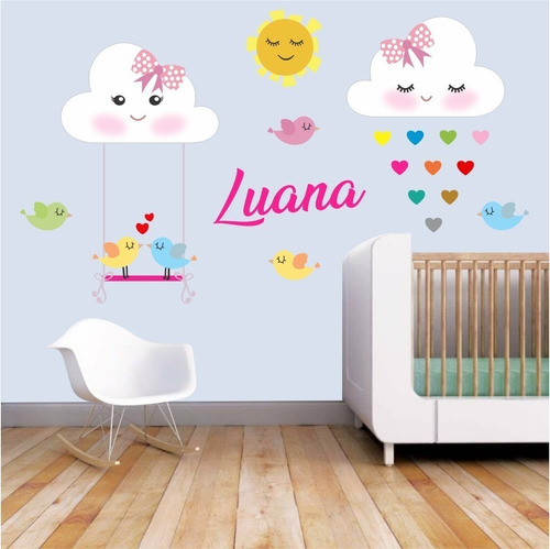 Adesivo Decorativo Nuvens Menina (130x70)cm Com Nome Criança