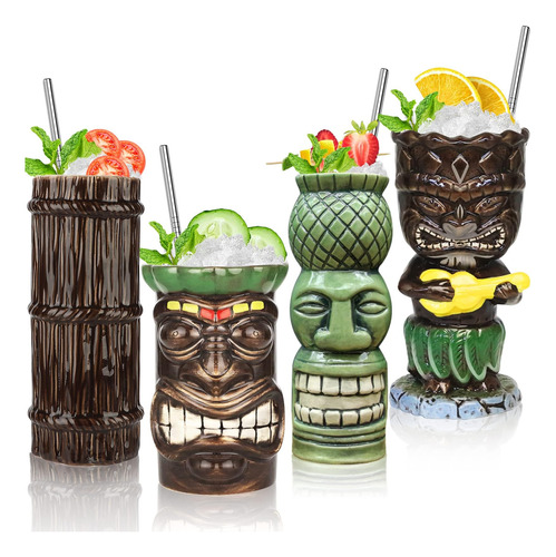 Suprobarware Tiki Mugs Set 4pcs Taza De Cerámica Tropical Ti