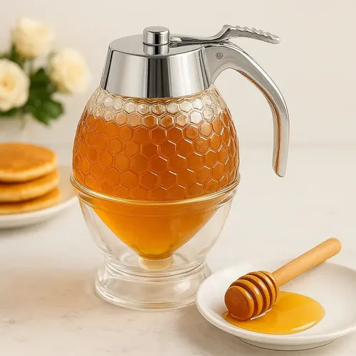 Dispenser De Mel Acrílico Hermético 300ml Com Gatilho Cromado 15cm Qr Acessórios Prateado