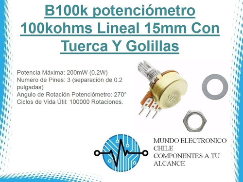 3 X B100k Potenciómetro 100kohms Lineal 15mm Con Tuerca