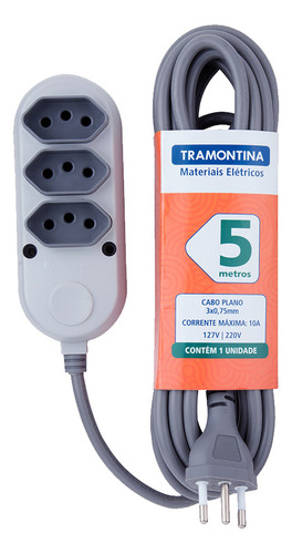 Extensao Multipla 3 Tomadas 2p+t 10a 250v Tramontina 5m Cor Cinza 127V/220V