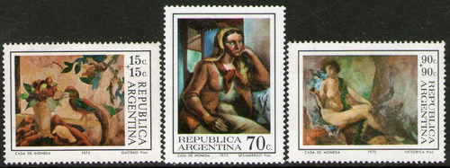 Argentina Serie X 3 Sellos Mint Día Del Filatelista = Pinturas De A. Guttero, L. E. Spilinbergo Y C. Victorica Año 1973 