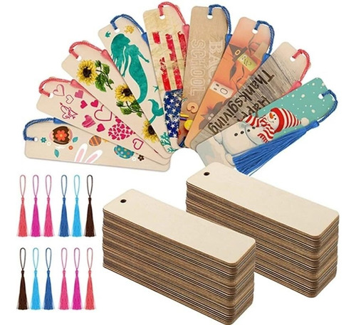 100 Marcapáginas De Madera En Blanco Con Borlas Coloridas
