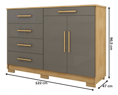 Cômoda Tailândia 2 Portas 5 Gavetas Nature/alasca - Cor Cinza