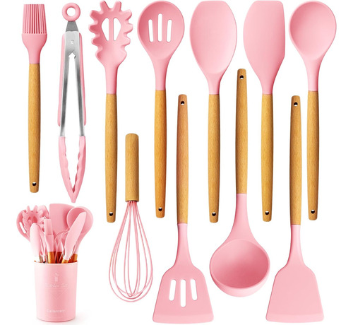 Juego 11 Utensilios Silicona Con Asas Madera