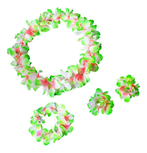 Set De Lizos De Flores Hawaianas Verdes Con Seda Rizada Mejo