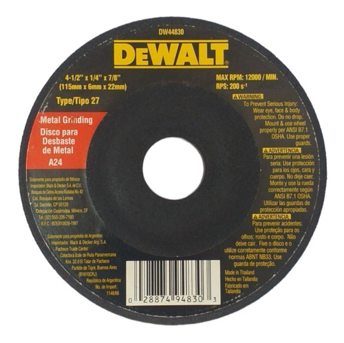 Disco De Desbaste Dewalt 4-1/2 X 1/4 7/8 X 2 Unidades