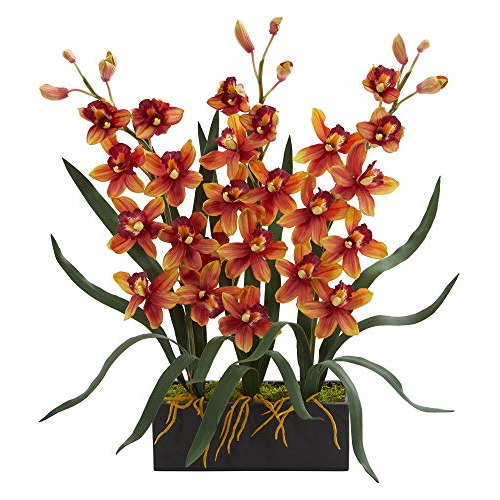 Orquídeas Cymbidium Casi Naturales Florero Negro Artificial 