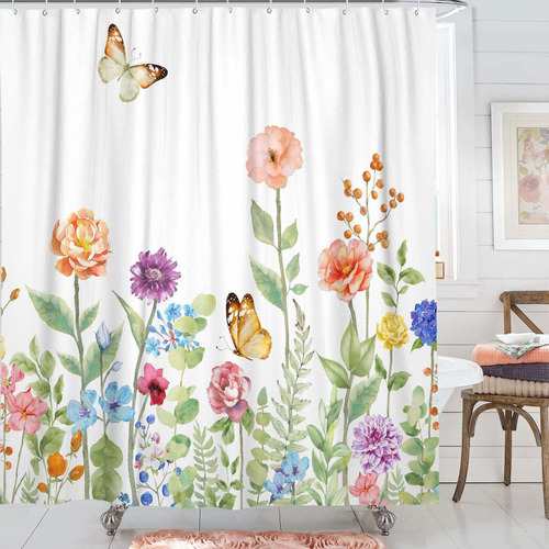 Kanuyee Cortina Ducha Floral Tela Mariposa Jardin Para Baño