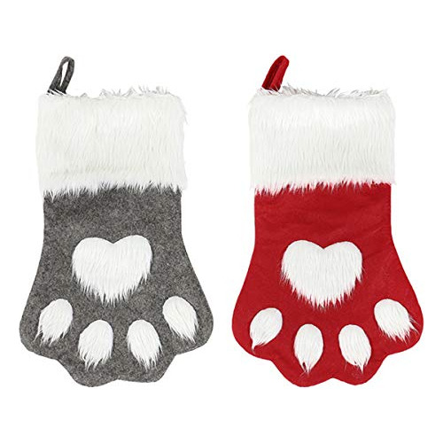 Medias De Navidad De Felpa Huellas De Mascotas, 2 Unida...