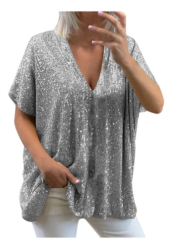 Blusa Shi De Manga Corta Con Lentejuelas Holgadas Y Cuello E