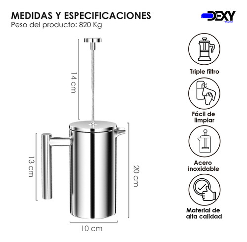 Cafetera Prensa Francesa De Acero Inoxidable 1000ml Café Té