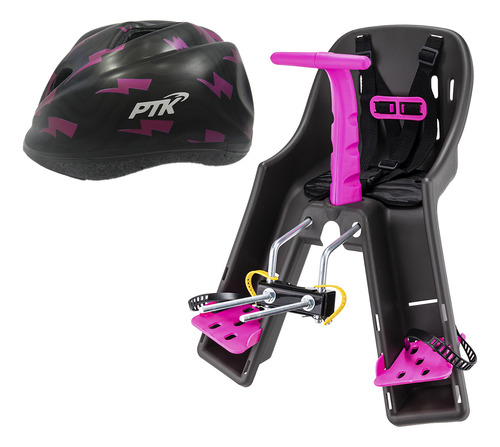 Kit Cadeirinha Bike Cinza Frente + Capacete Infantil Rosa