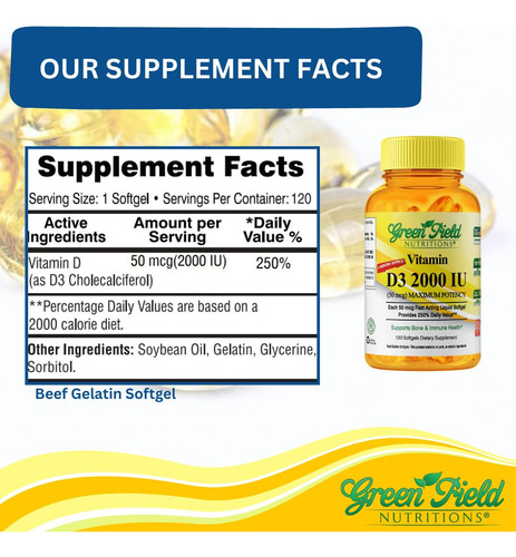 Greenfield Nutritions Vitamina D3 Halal 2000 Ui 120 Softgels
