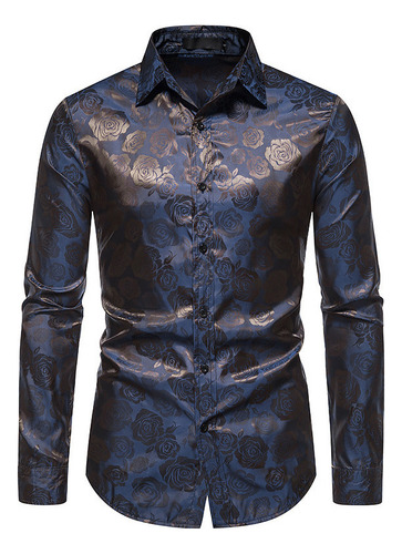 Camisa Hombre Manga Larga Rosa Slim Botón Estampado Moda