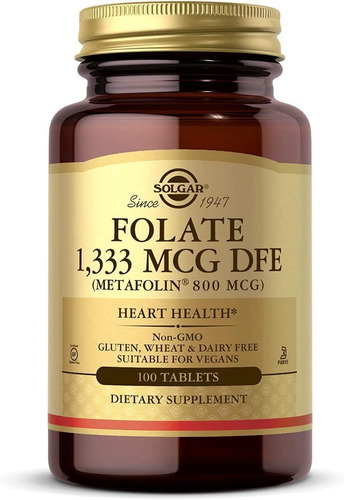 Folato 1333 Mcg Dfe (metafolin 800 Mcg) Solgar 100 Tabletas